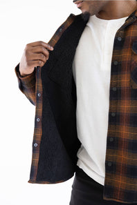 A close-up of a man wearing a brown and black plaid flannel shirt with a black sherpa lining, layered over a white henley shirt, against a white background.