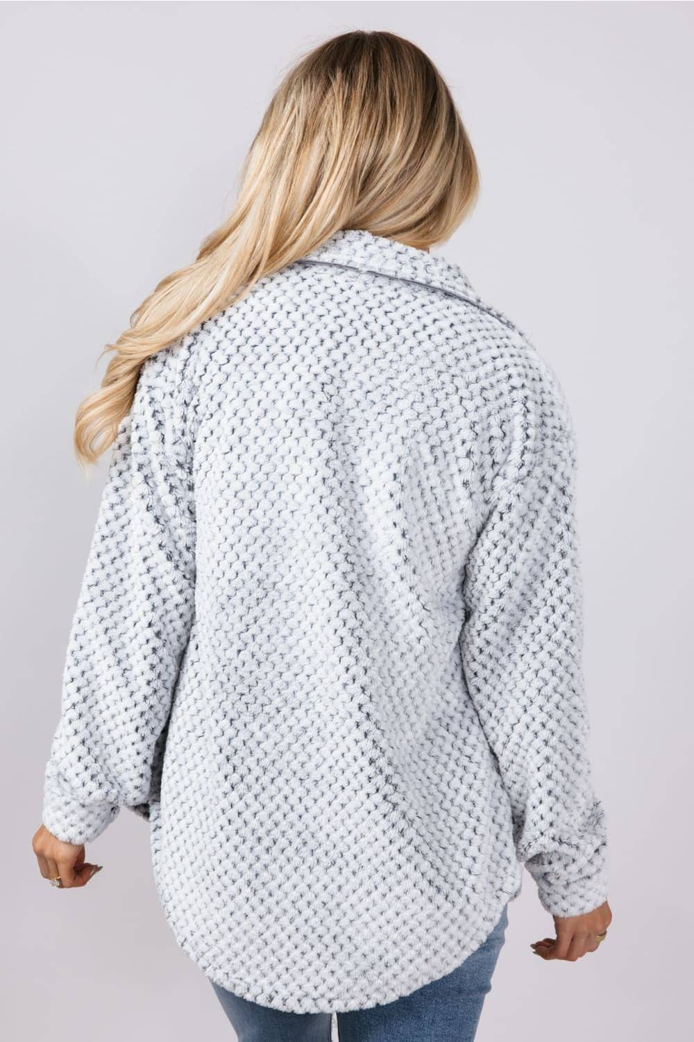 Soft fleece button up shacket with cuffs, and tortoiseshell buttons and chest pockets 