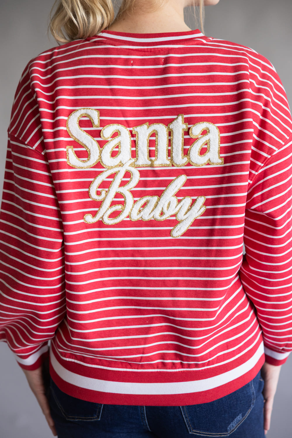  Simply Southern Santa Baby Varsity Crew Sweatshirt for Women in Red 