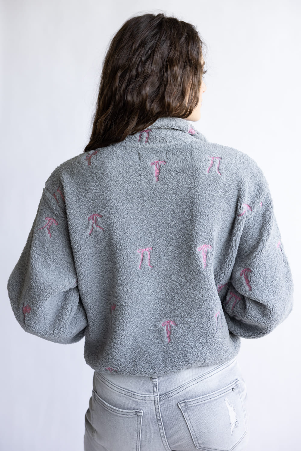 Simply Southern Taylor ½ Zip Pink Bows Pullover for Women in Grey