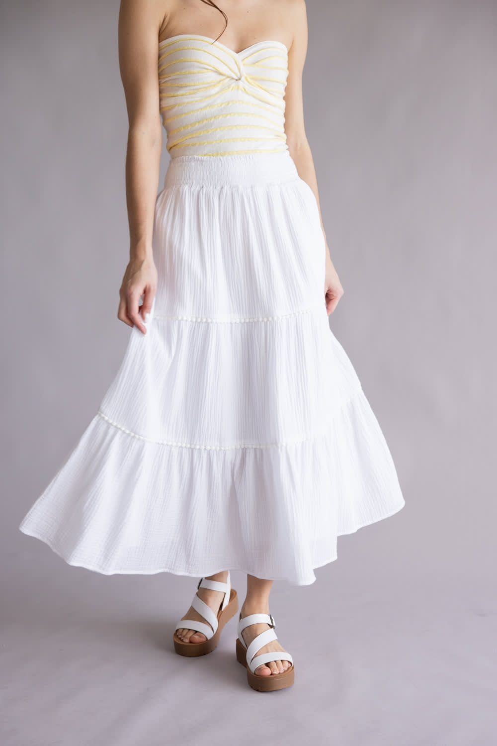 Smocked Waist Tiered Midi Skirt for Women in Off White