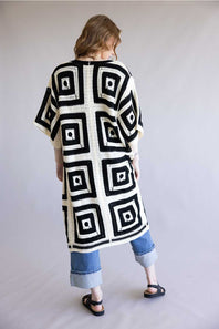 Square Pattern Crotchet Cardigan for Women in Ivory/Black