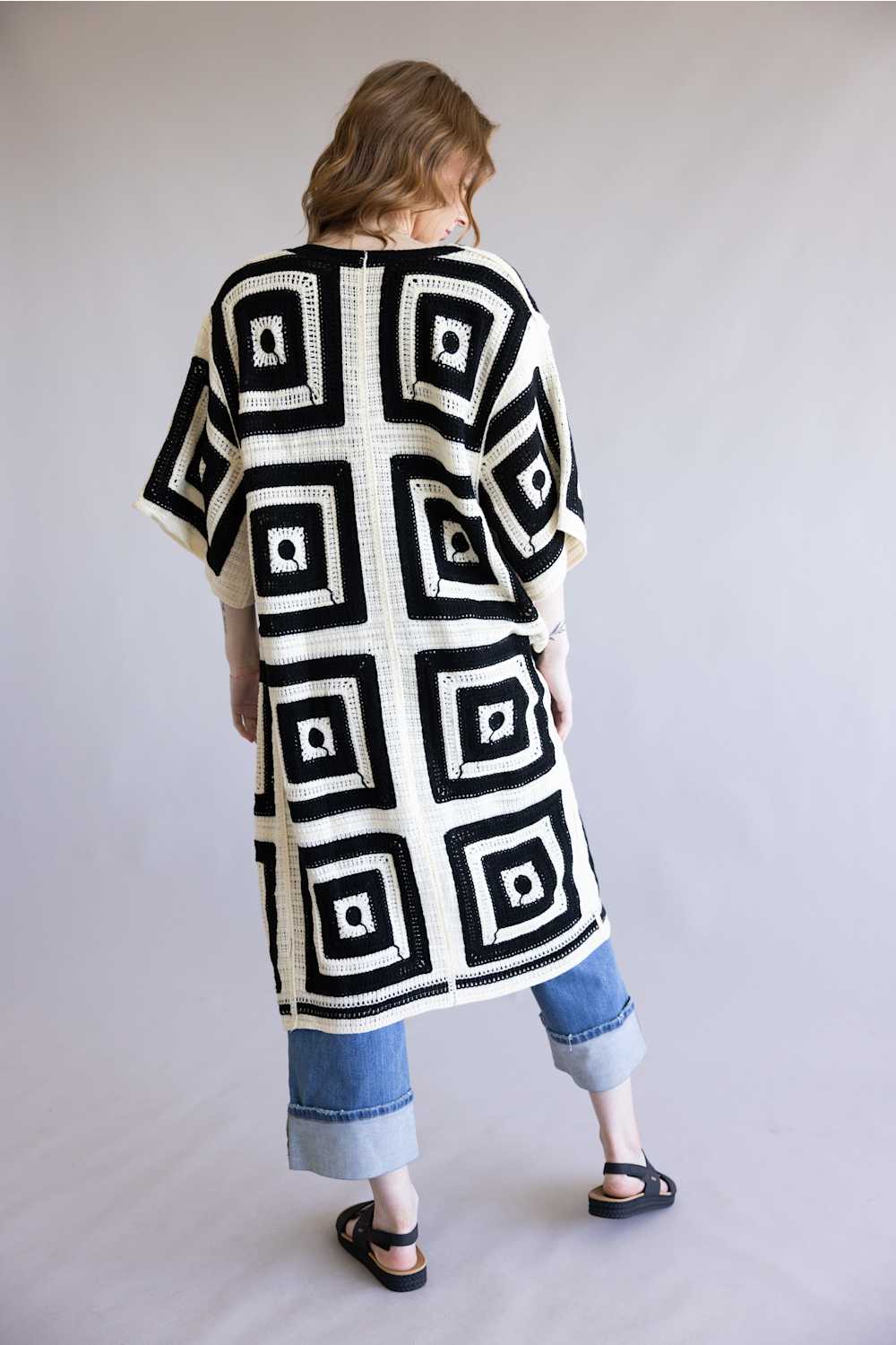 Square Pattern Crotchet Cardigan for Women in Ivory/Black