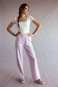 Love Tree Pinstripe Drawstring Linen Pants for Women in Light Pink | 60024PN-LTPINK