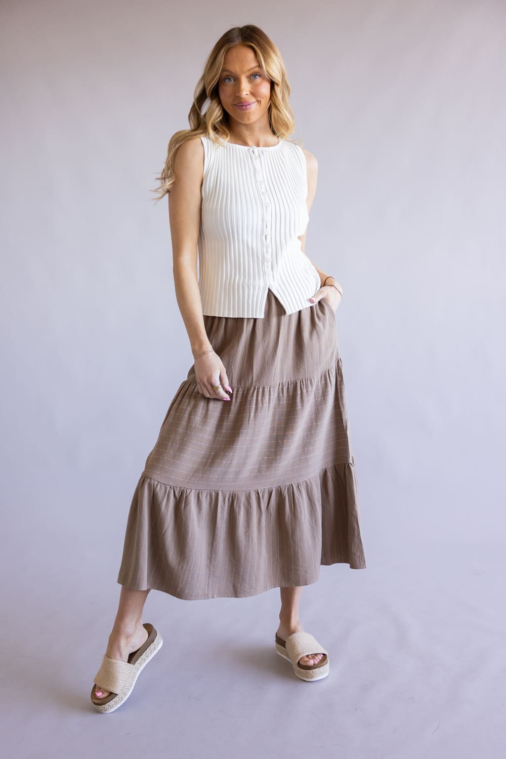 Stripe Tiered Maxi Skirt for Women in Mocha White