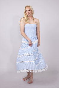 Eyelet Stripe Lace Strapless Midi Dress for Women in Blue