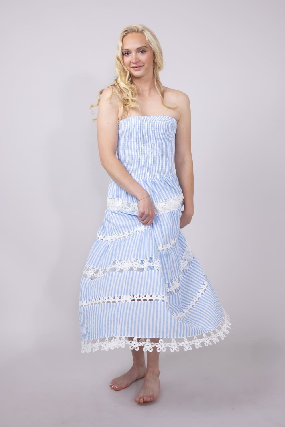 Eyelet Stripe Lace Strapless Midi Dress for Women in Blue