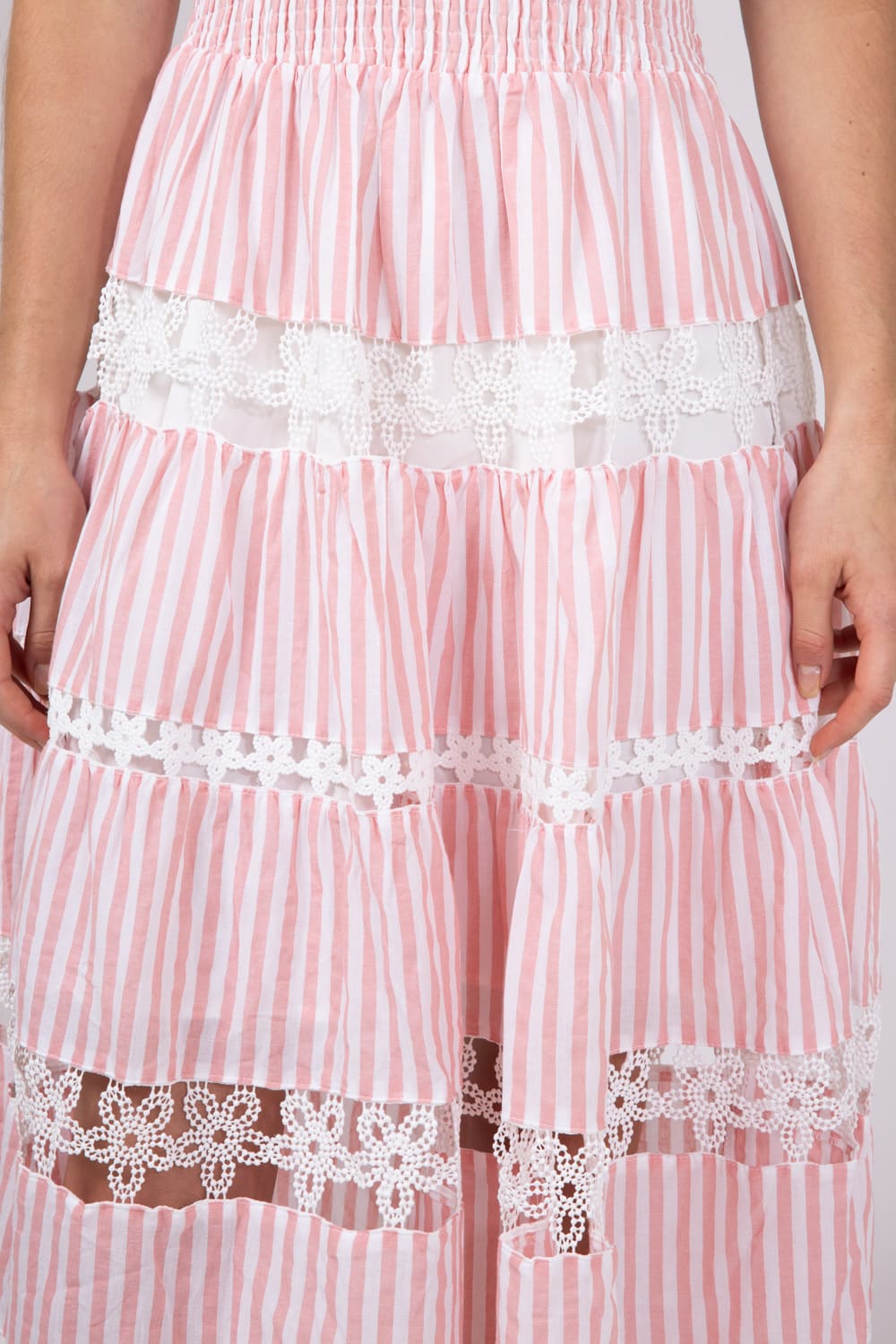 Eyelet Stripe Lace Strapless Midi Dress for Women in Pink | D-10435-H- Glik's Eyelet Stripe Lace Strapless Midi Dress for Women in Pink | D-10435-H- Glik's