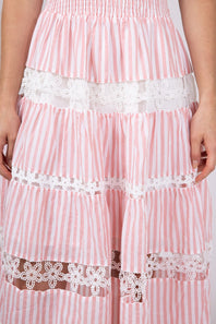 Eyelet Stripe Lace Strapless Midi Dress for Women in Pink