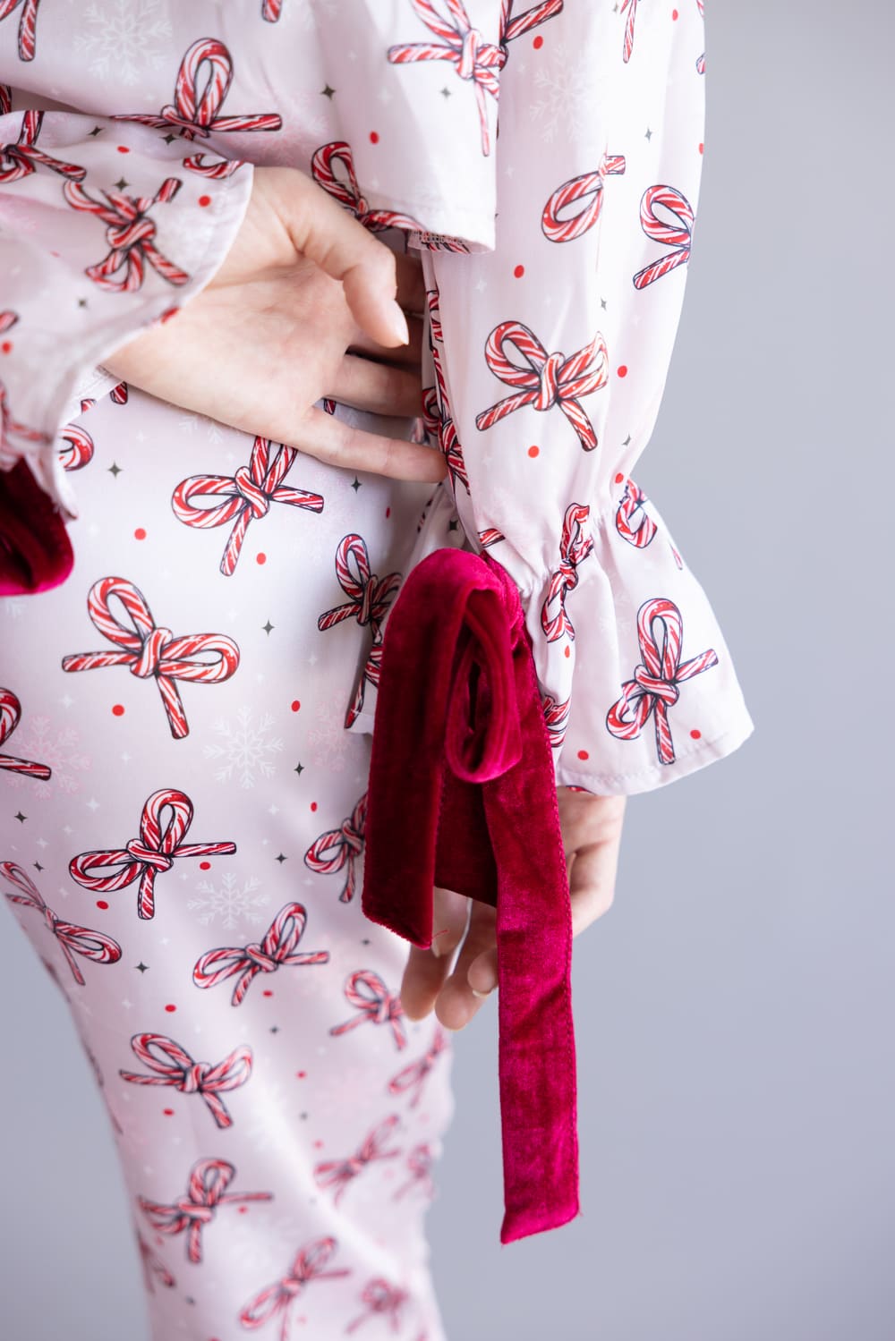 Simply Southern Candy Cane Bow Holiday Satin Pajama Set for Women in Pink