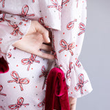 Simply Southern Candy Cane Bow Holiday Satin Pajama Set for Women in Pink