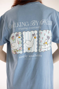 Simply Southern Walking by Faith Goose Mineral Wash T-Shirt for Women in Faded Denim Blue | MINWASH-TRIPPING-FDBLU