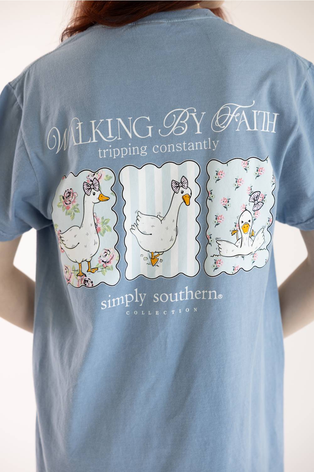 Simply Southern Walking by Faith Goose Mineral Wash T-Shirt for Women in Faded Denim Blue | MINWASH-TRIPPING-FDBLU