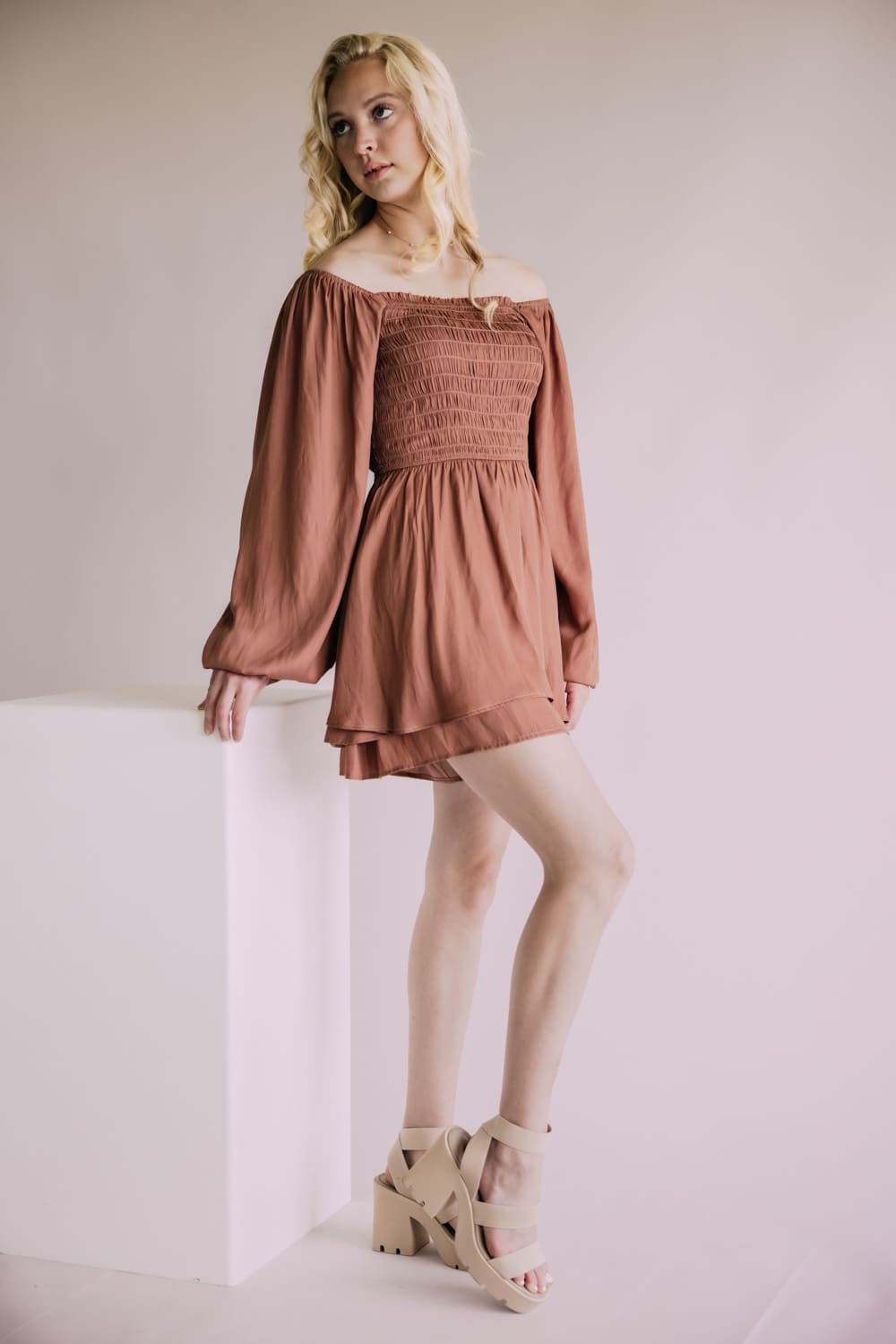 Smocked Bodice Layered Romper for Women in Hazelnut