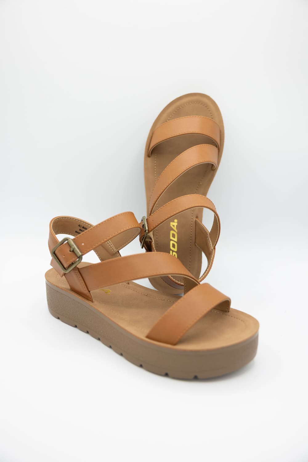 Soda Edoly Asymmetrical Platform Sandals for Women in Cognac