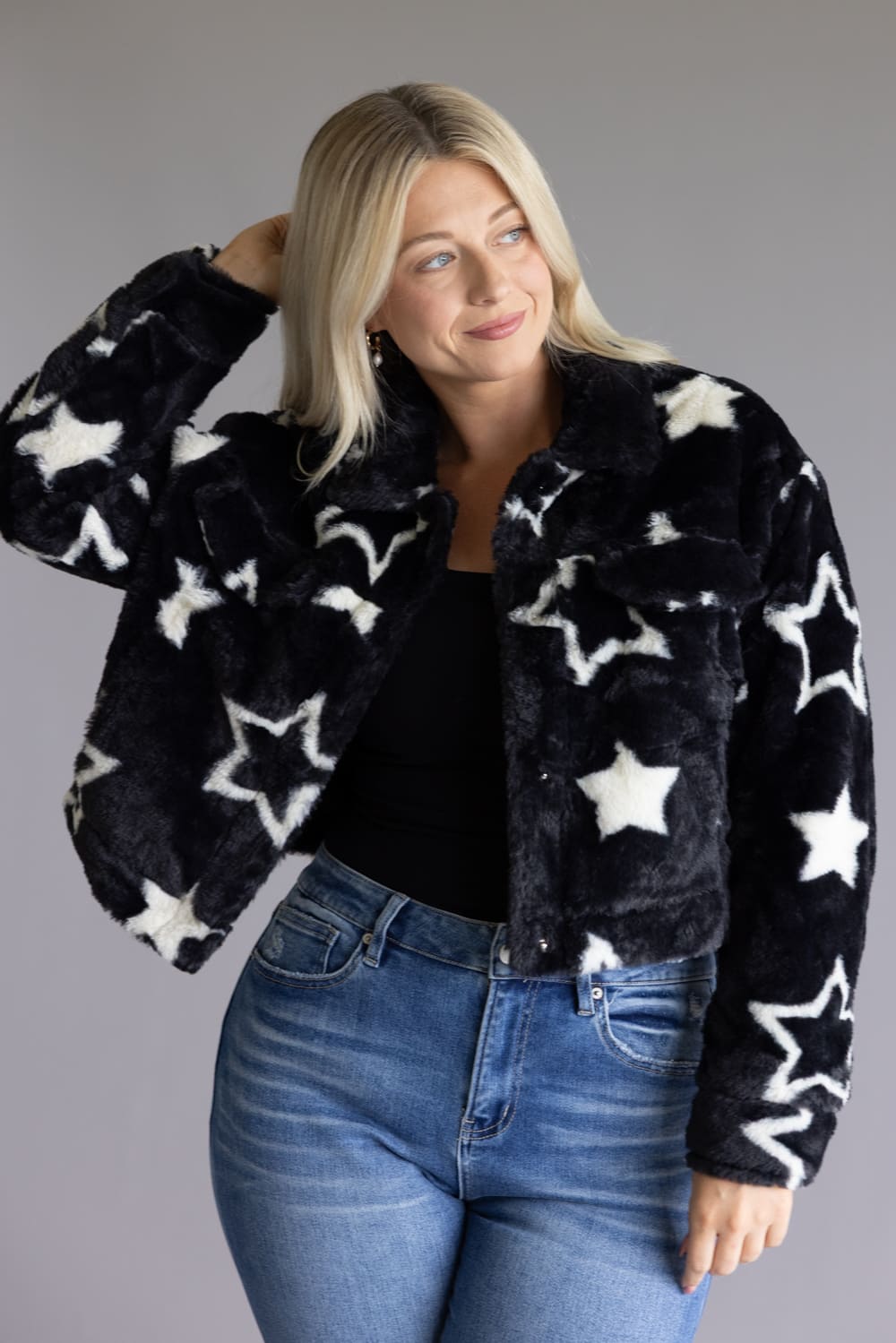 Star Faux Fur Cropped Coat for Women in Black