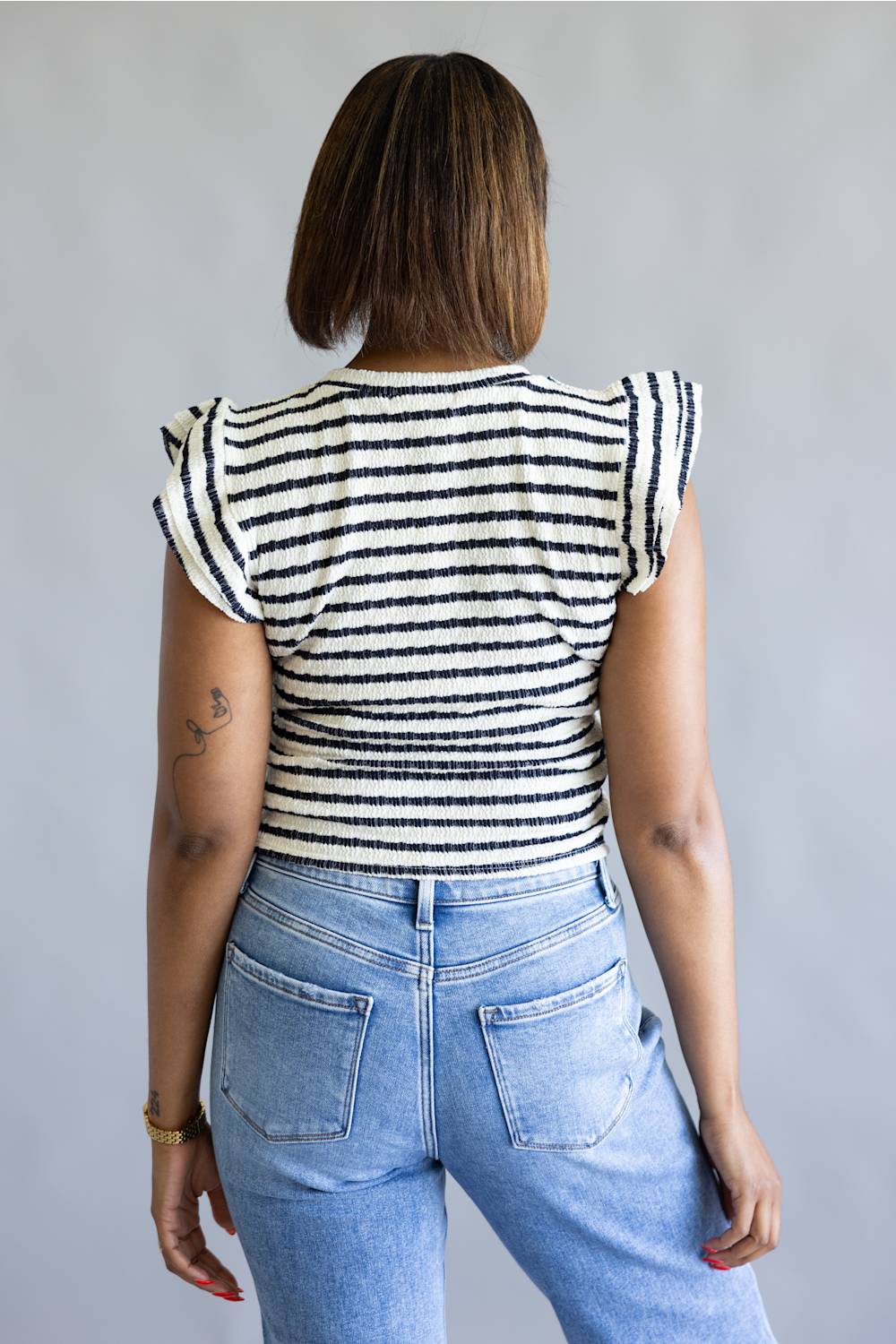 Stripe Flutter Sleeve Top for Women in Cream/Navy