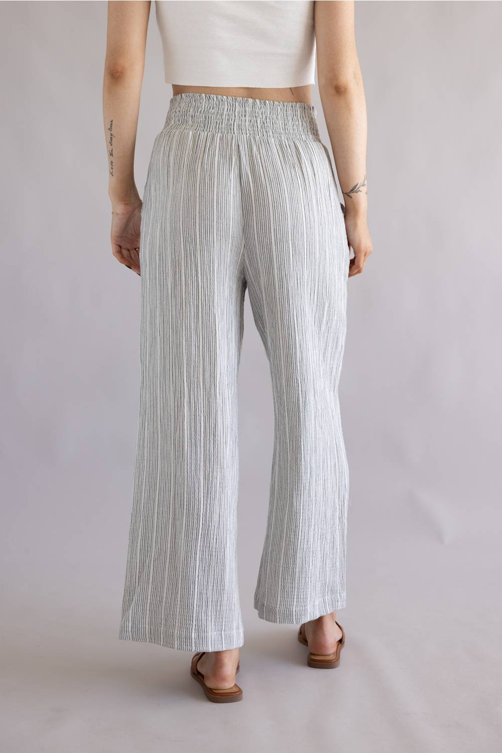 Stripe Smocked Waist Linen Pants for Women in Charcoal