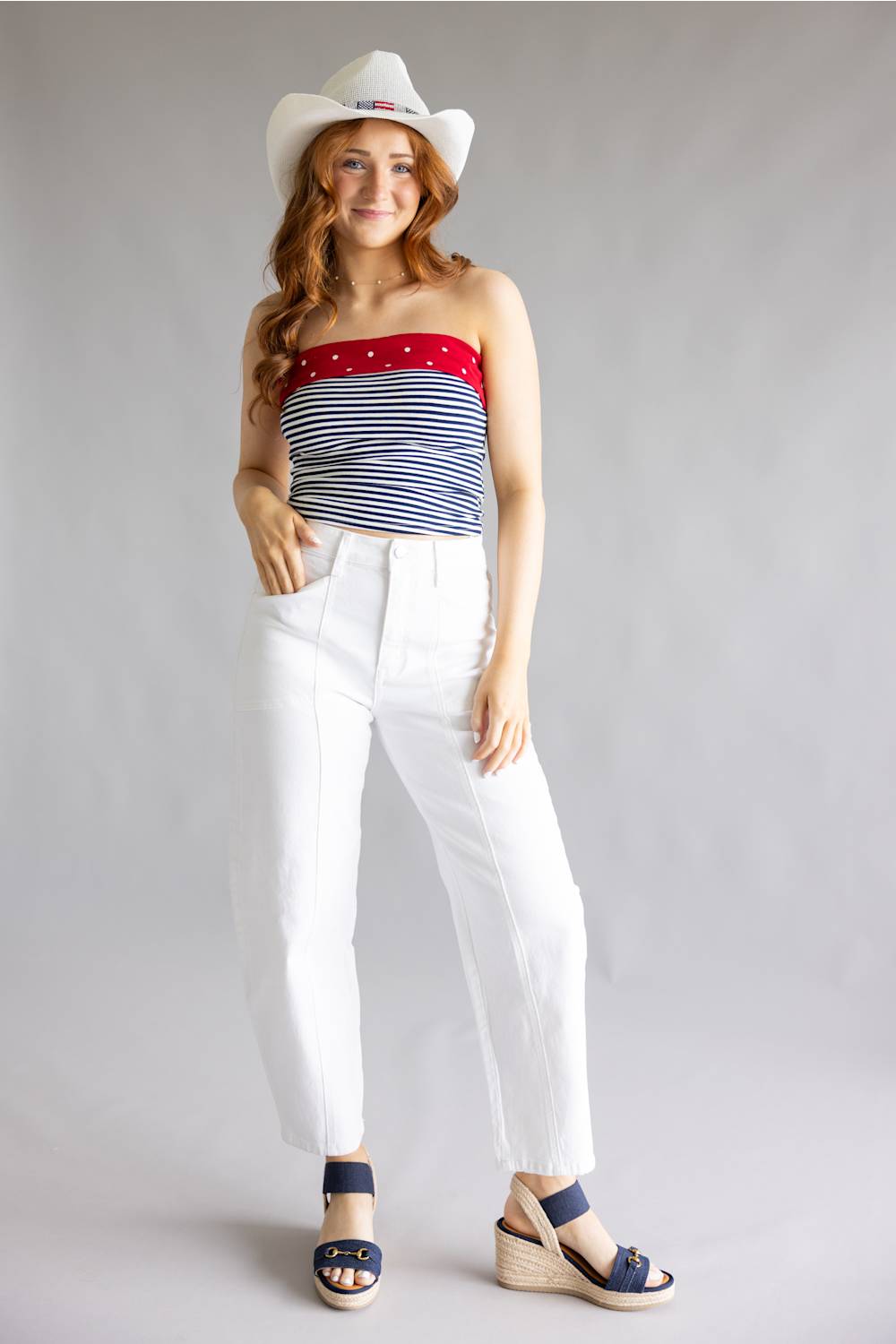 Striped Polka Dot Strapless Top for Women in Navy/Off White