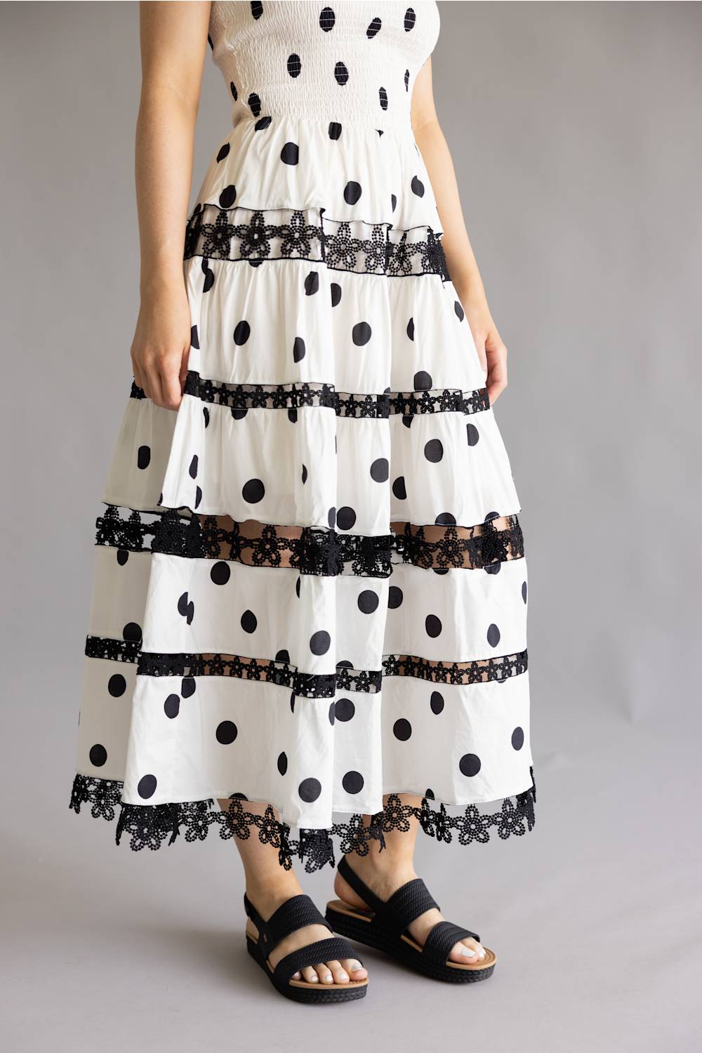 Strut & Bolt Polka Dot Eyelet Lace Strapless Midi Dress for Women in White