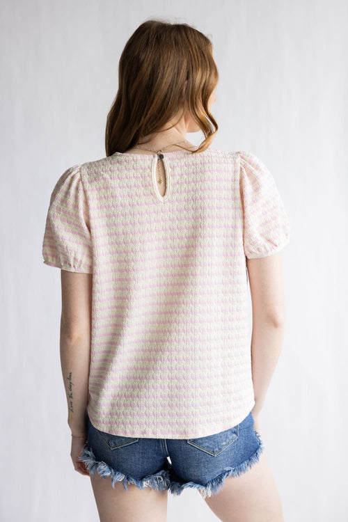 Textured Stripe Puff Sleeve Top for Women in Pink/Cream 