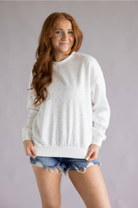 Polka Dot Fleece Crewneck for Women in White/Pink