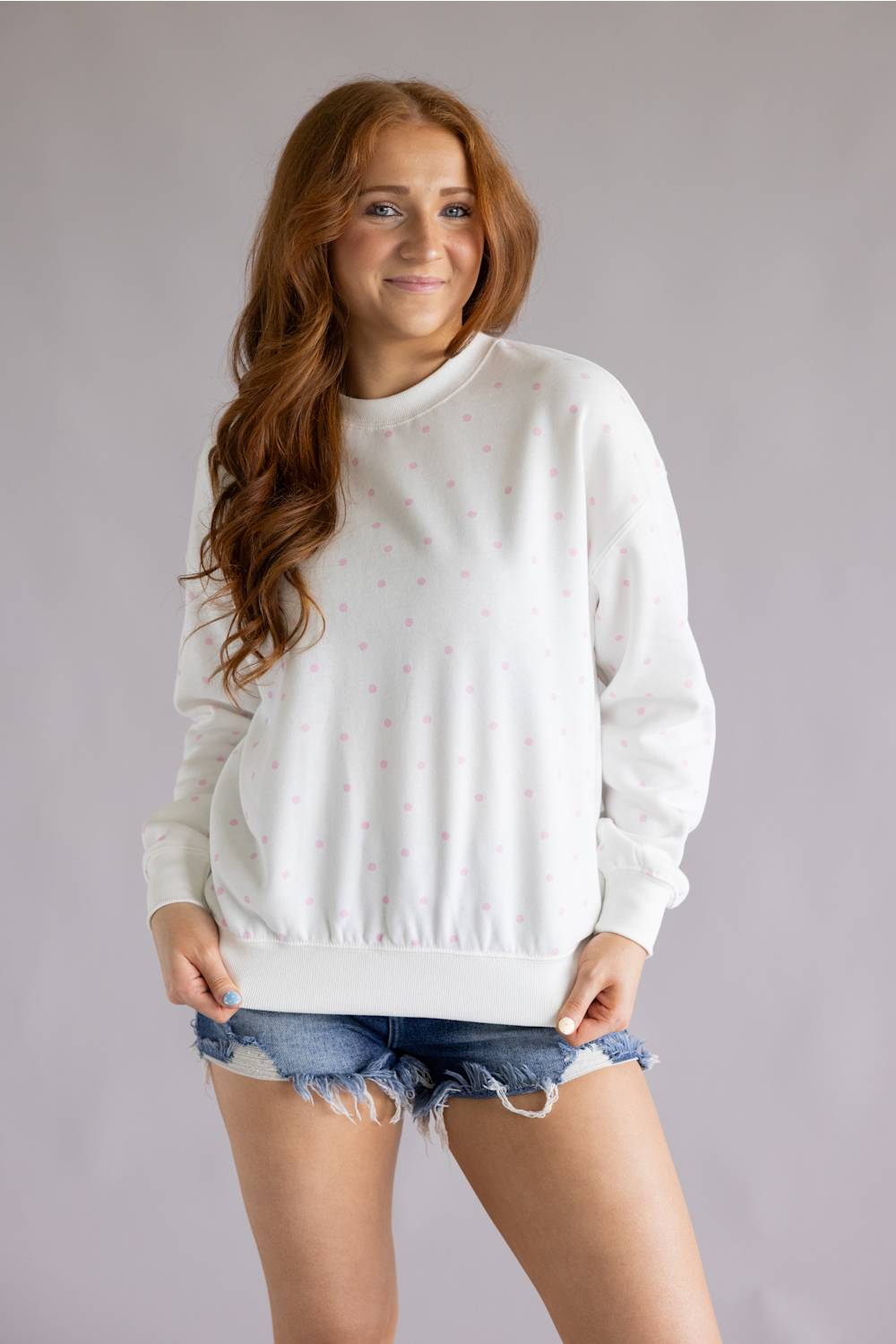 Polka Dot Fleece Crewneck for Women in White/Pink