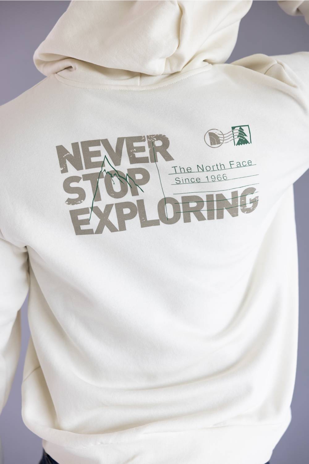 Close-up of the back of an off-white hoodie featuring a large graphic print that reads 'NEVER STOP EXPLORING' with 'The North Face Since 1966' and a small mountain-and-tree logo, worn by a person against a soft lavender-gray background.