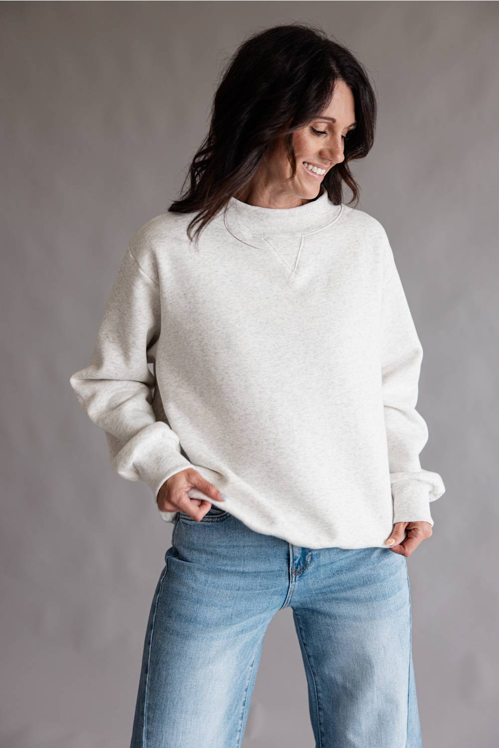 Things Between Mock Neck Fleece Pullover for Women in Heather White