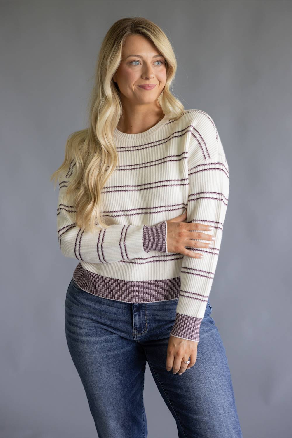 Thread & Supply Ely Knit Sweater for Women in Cream/Burgundy Stripe