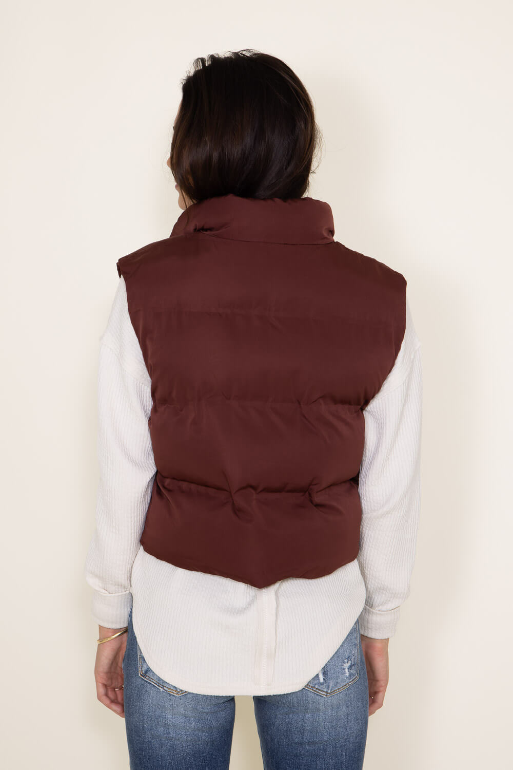 Thread & Supply Issey Cropped Puffer Vest for Women in Malbec Red 