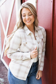 Thread & Supply Lewis Soft Luxe Button Up Shirt for Women in Mauve Tan Combo
