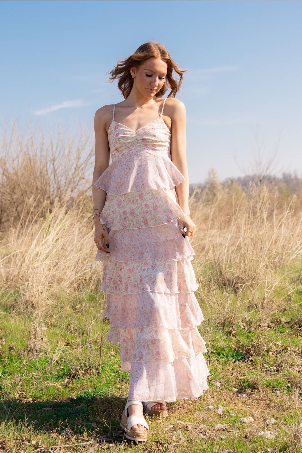 Tiered Floral Ruffle Maxi Dress for Women in Pink Multi