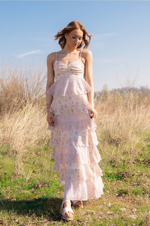 Tiered Floral Ruffle Maxi Dress for Women in Pink Multi