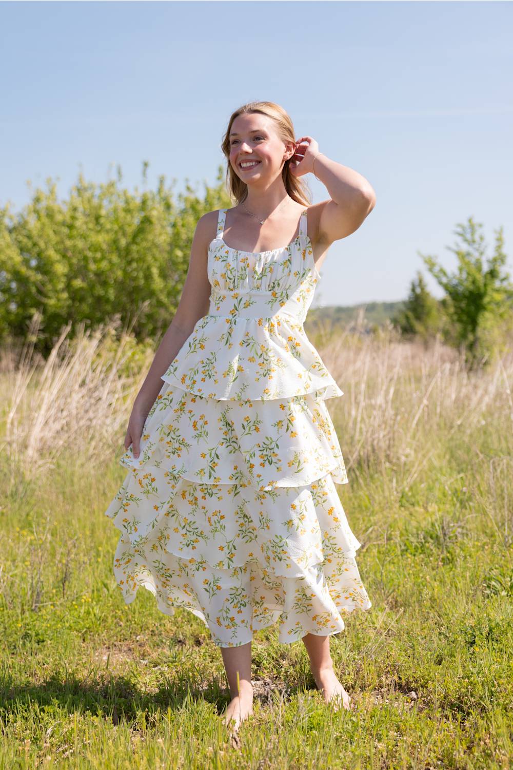 Tiered Tie Back Floral Maxi Dress for Women in White/Yellow