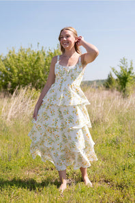 Tiered Tie Back Floral Maxi Dress for Women in White/Yellow