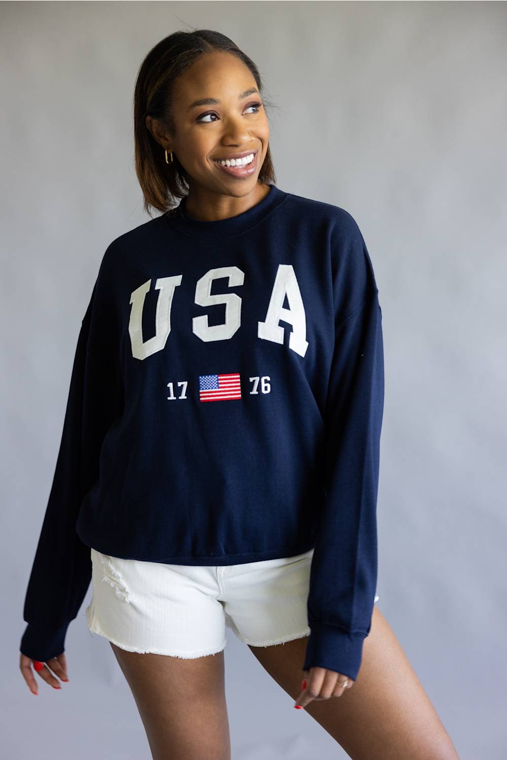 Embroidered USA 1776 Crewneck for Women in Navy
