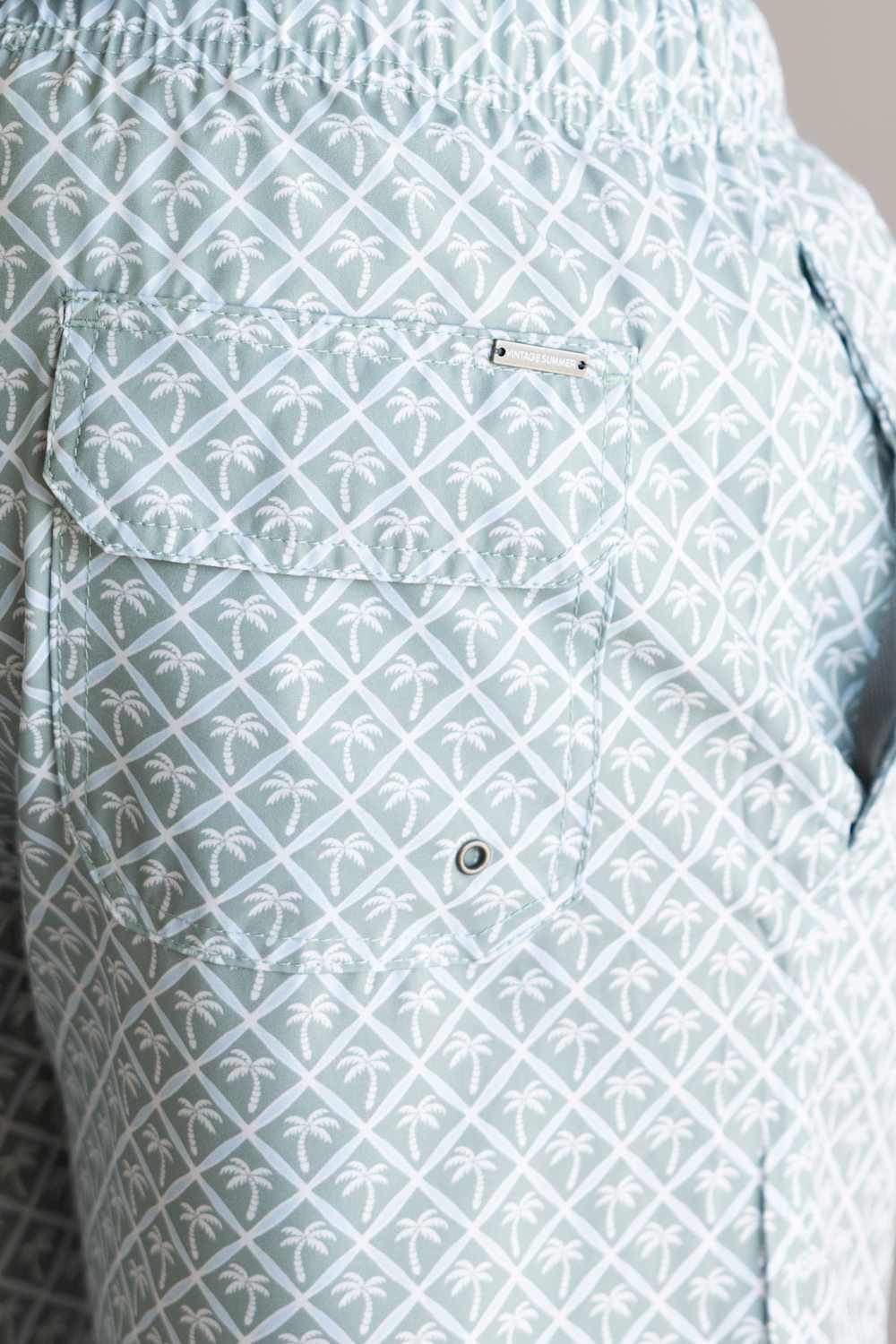 Vintage Summer 4 Way Stretch Volley Shorts for Men in Sage Palm Trees