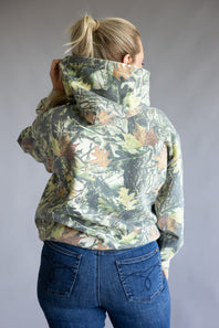 Wood Camo Print Heavyweight Vintage Hoodie for Women in Green