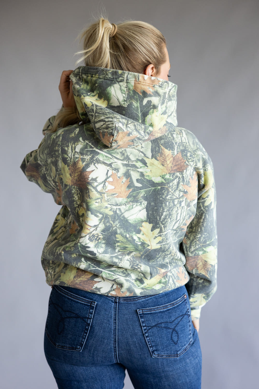 Wood Camo Print Heavyweight Vintage Hoodie for Women in Green