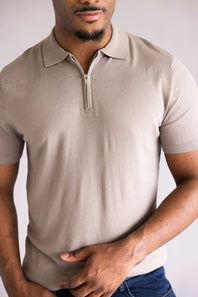 Close Up of Denim & Flower Zip Sweater Polo for Men in Taupe