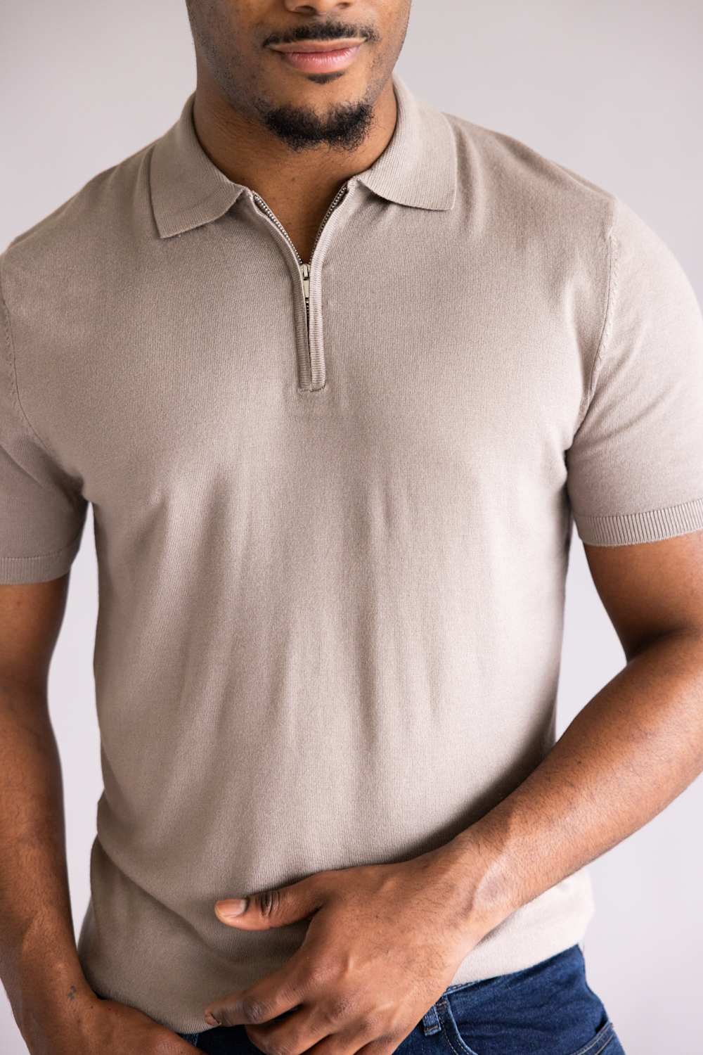 Close Up of Denim & Flower Zip Sweater Polo for Men in Taupe