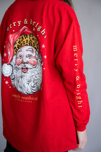 Simply Southern Youth Leopard Hat Santa Long Sleeve T-Shirt for Girls in Red
