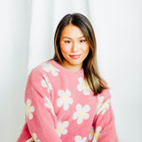Womens Simply Southern Fuzzy Daisy Print Crewneck Sweater for Women in Pink 