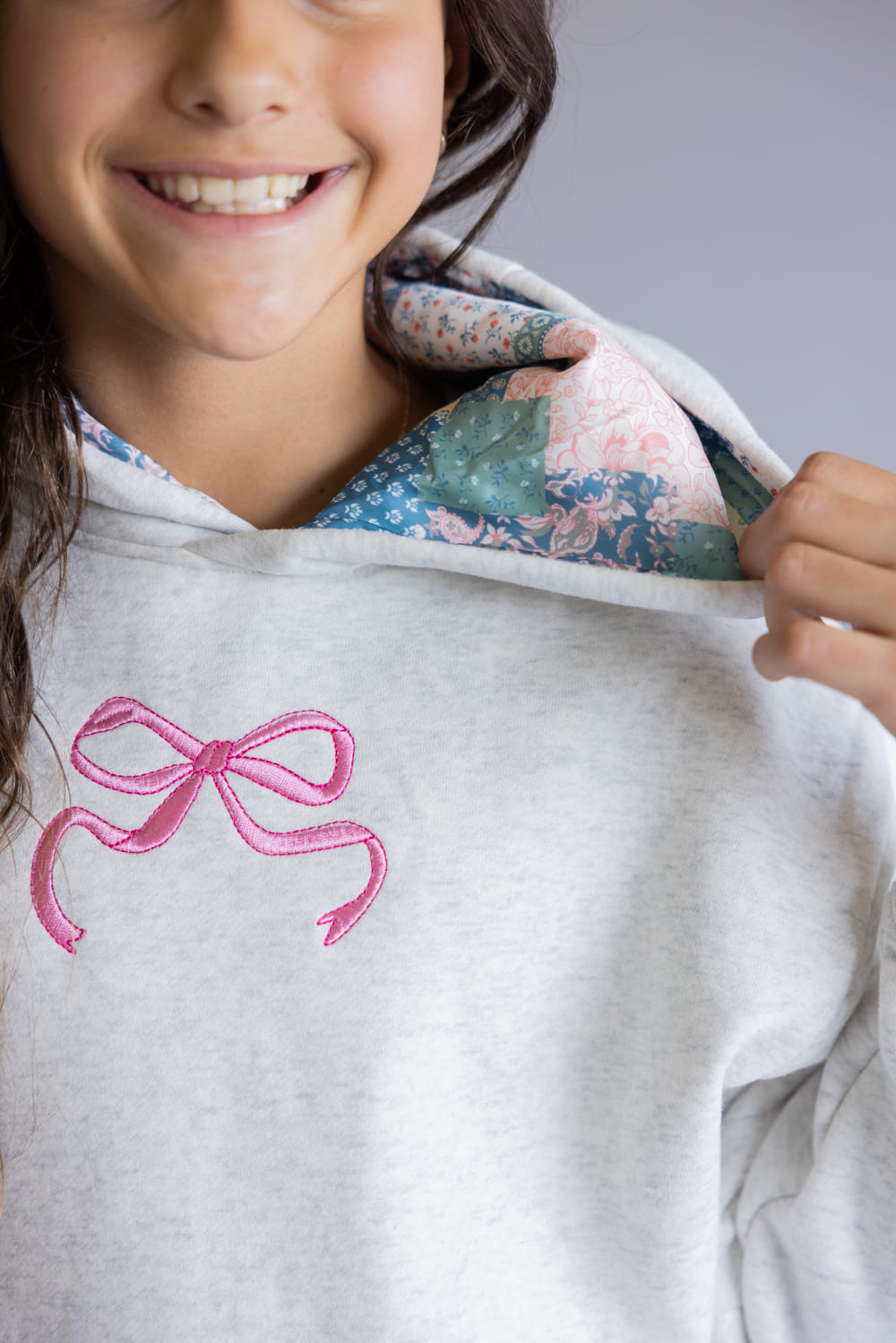Simply Southern Youth Embroidered Dilara Bow Hoodie for Girls in Heather Grey