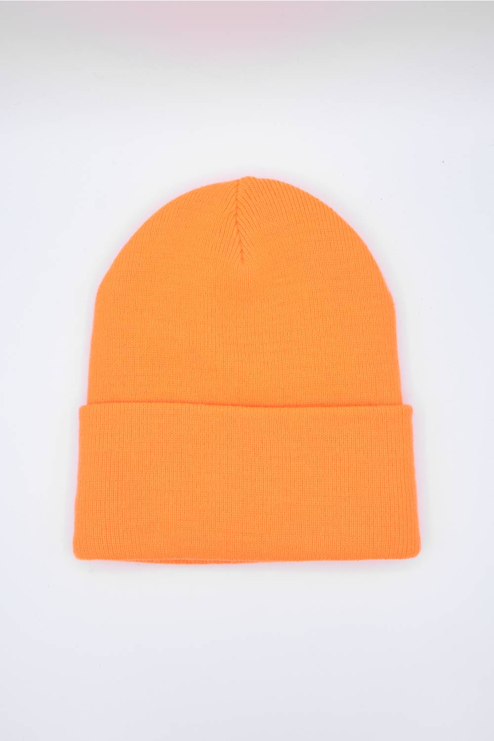 back of a neon orange Carhartt beanie