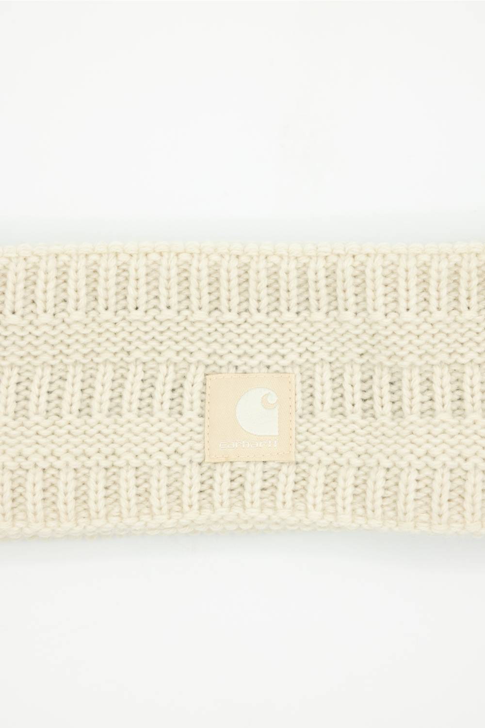 Carhartt Satin Lined Knit Headband in Oat Milk laid flat against a white background featuring the square brand logo patch