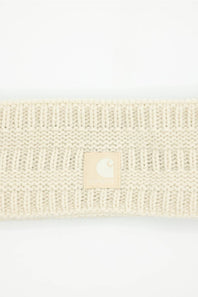 Carhartt Satin Lined Knit Headband in Oat Milk laid flat against a white background featuring the square brand logo patch