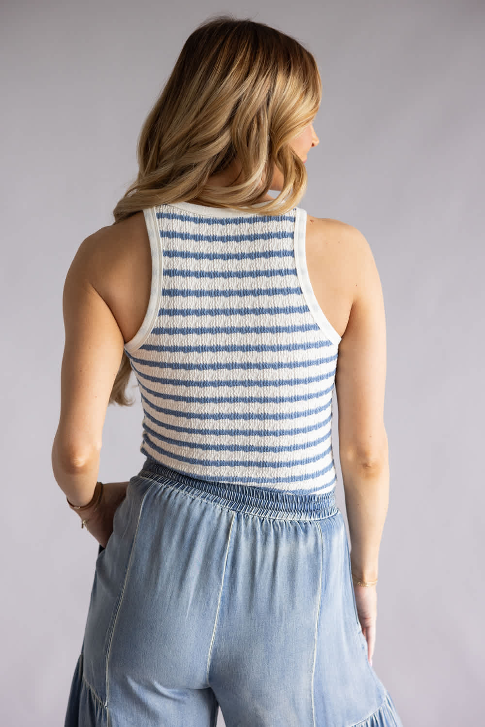 Textured Stripe Tank Top for Women in Cream and Navy 