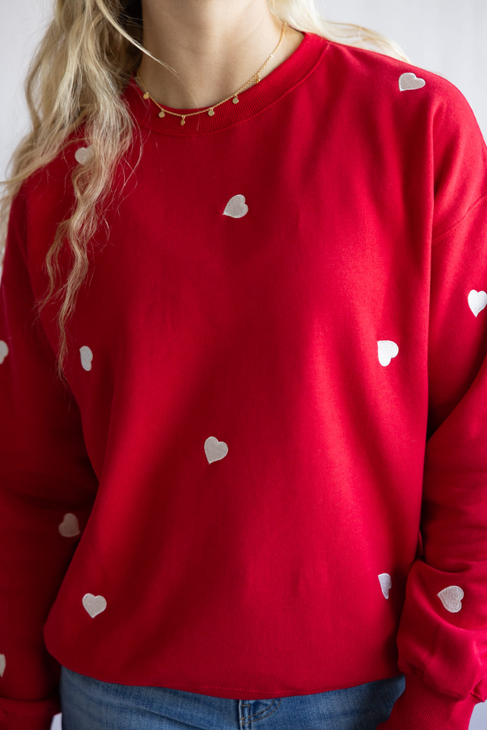 1897 Active Embroidered Hearts Fleece Sweatshirt for Women in Red